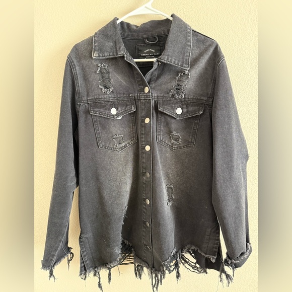 American Bazi Jackets & Blazers - American Bazi‎ Heavily Distressed Black Denim Jacket w/ Raw Hems size Large